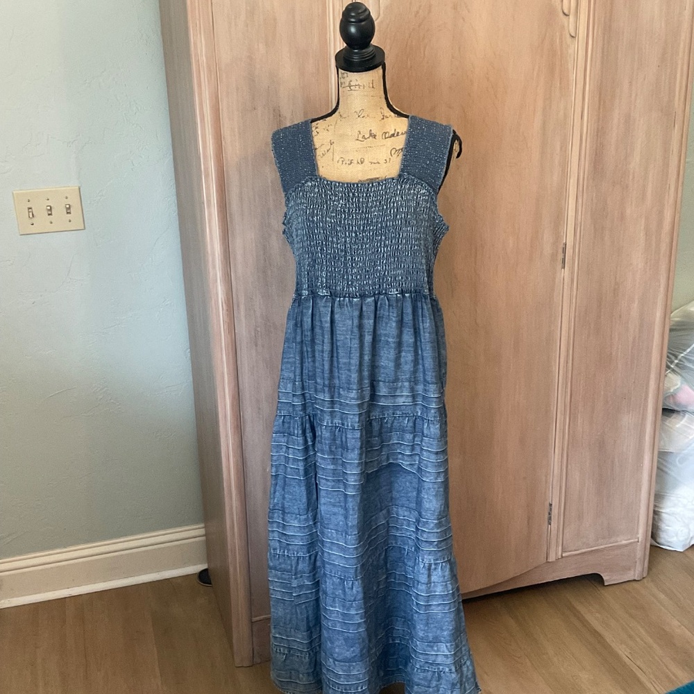 Soft Surroundings denim blue ruched stretch tiered maxi nap dress XLarge Petite